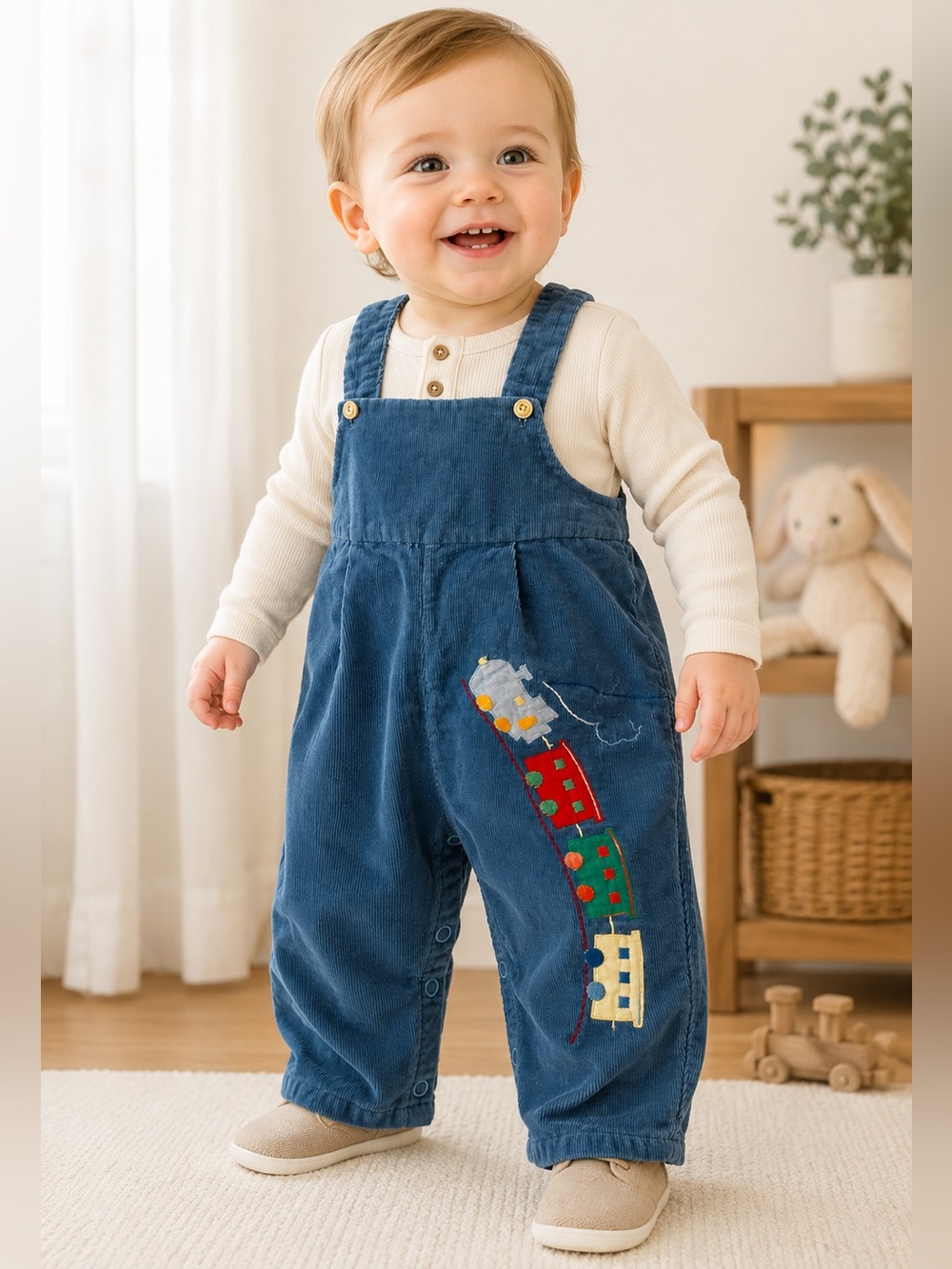 Vintage Italian Blue Corduroy Train Overalls Baby Toddler Romper Foley’s Houston